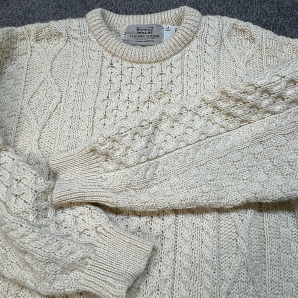 Vtg Aran Sweater Markets 100% Wool Sweater Fisherman Knit Size Large Beige Fleck